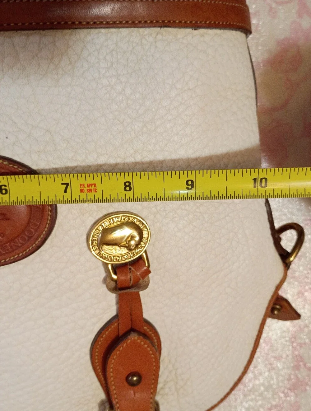 Dooney & Bourke White Pebbled Leather Satchel with Brown Trim